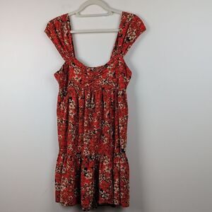 Free People Pattern Play Orange Floral Mini Dress Size M Babydoll Linen Blend